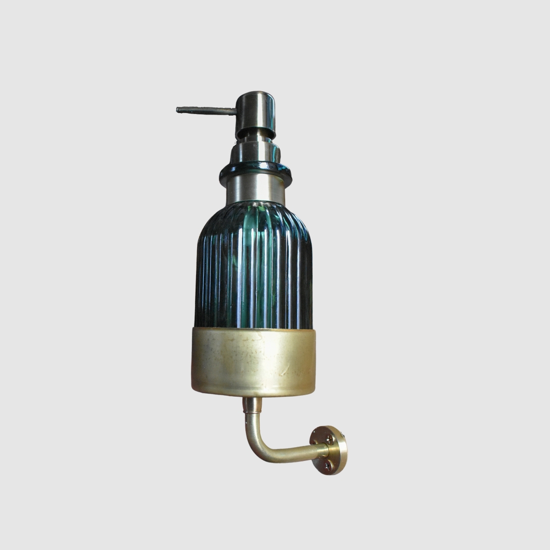 Wall Mounted Fluted Teal Glass Soap Dispenser Apothecary