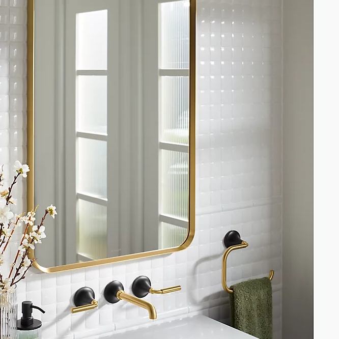 Wall Mounted Mirror Rounded Corners Gold Grid Tile Look