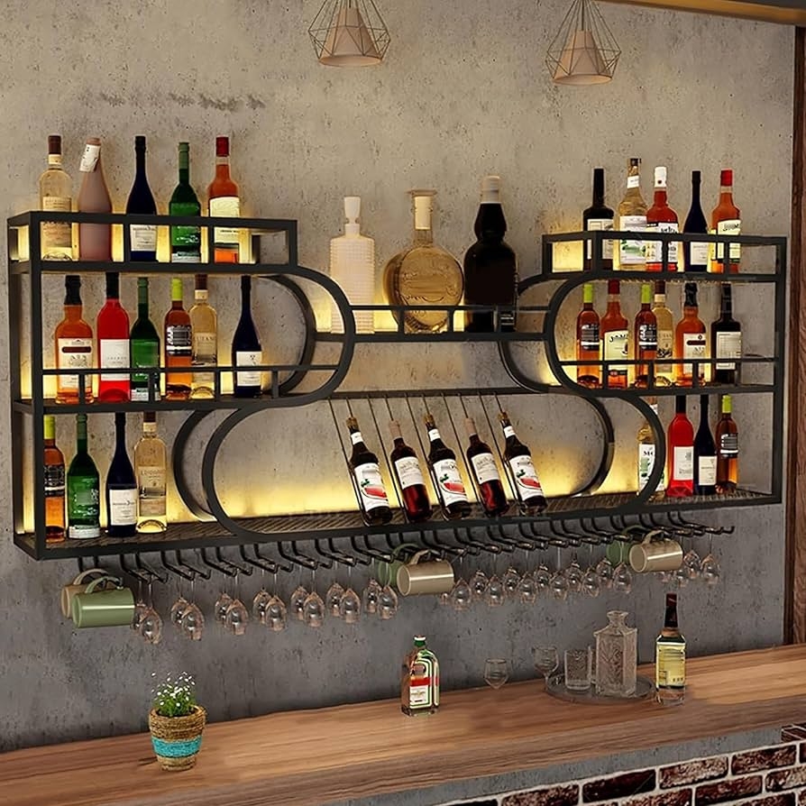 Wall Mounted Wine Rack: LED Backlit Slanted Bottle Display