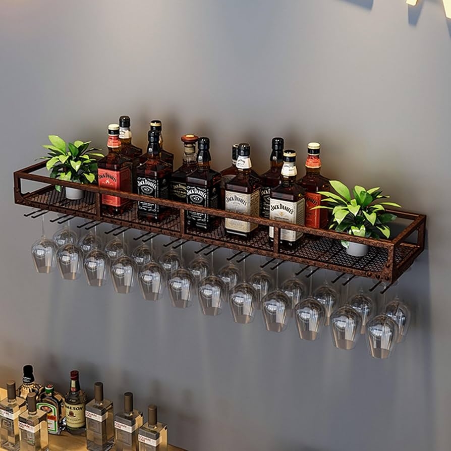 Wall Mounted Wine Rack: Mesh Base Industrial Wall Bar Shelf
