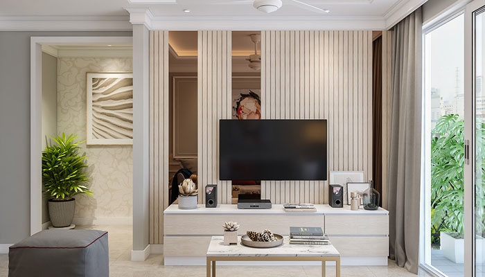 Wall Panel System with Bronze Mirrors and Fluted Accent Wall