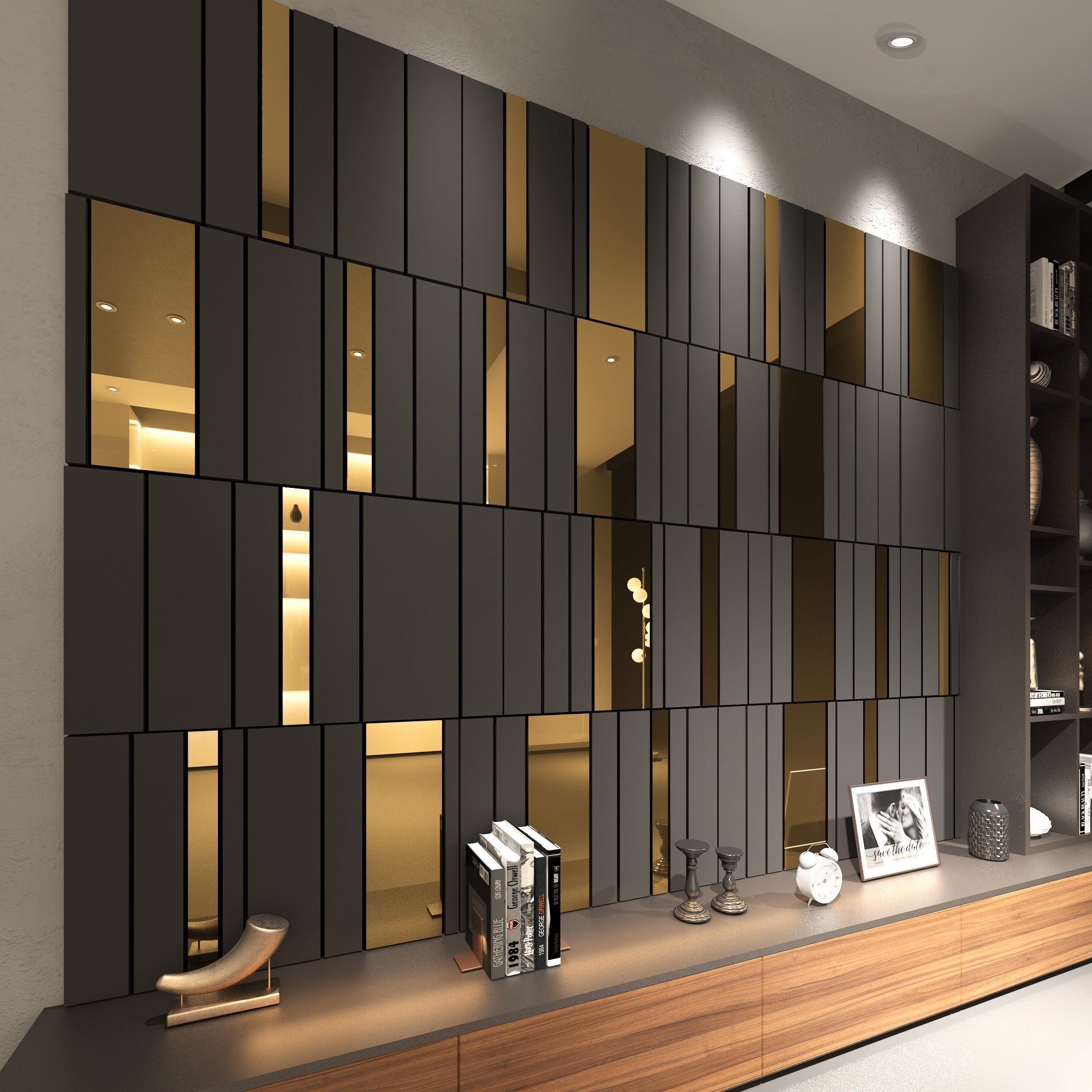 Wall Paneling with Gold Mirror Accents and Charcoal 3D Wall