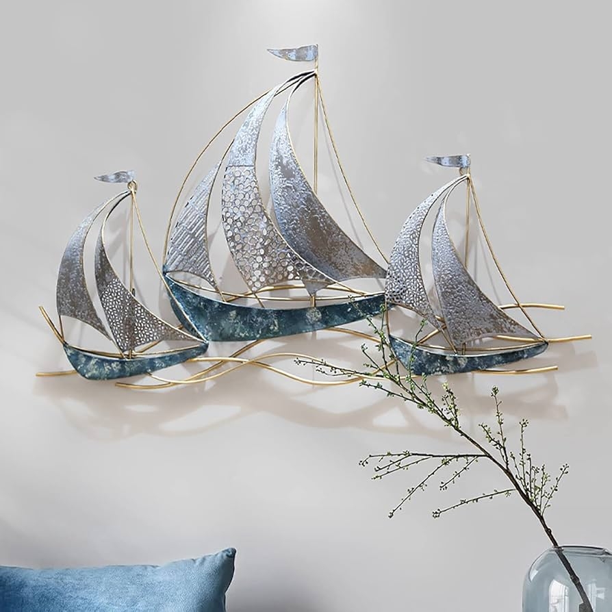 Wall Sculpture: 3D Metal Sailboat with Perforated Sails Art
