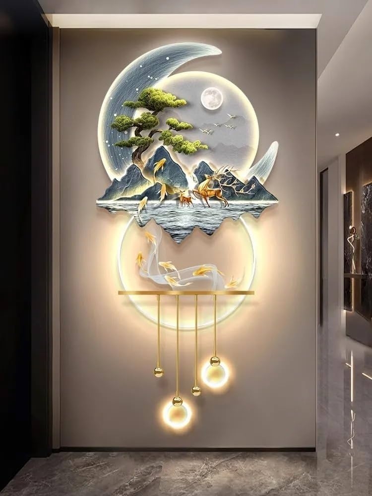 Wall Sculpture featuring Lighted Hanging Pendants and Koi Relief