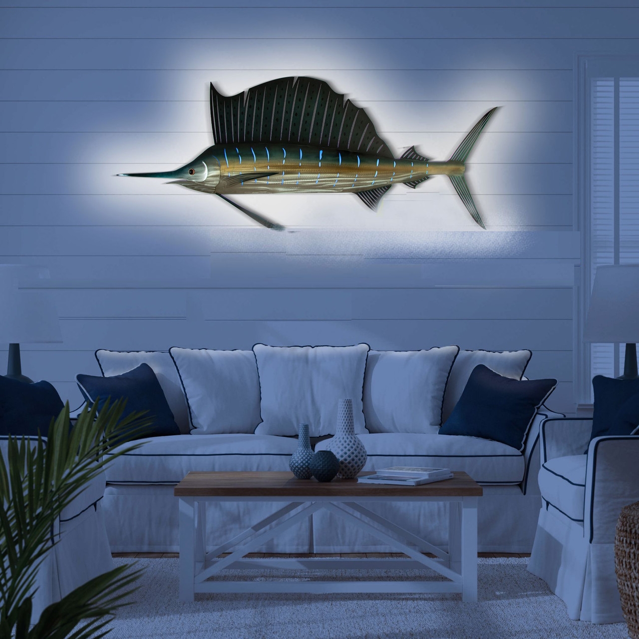 Wall Sculpture showing Iridescent Finish and LED Backlit Sailfish
