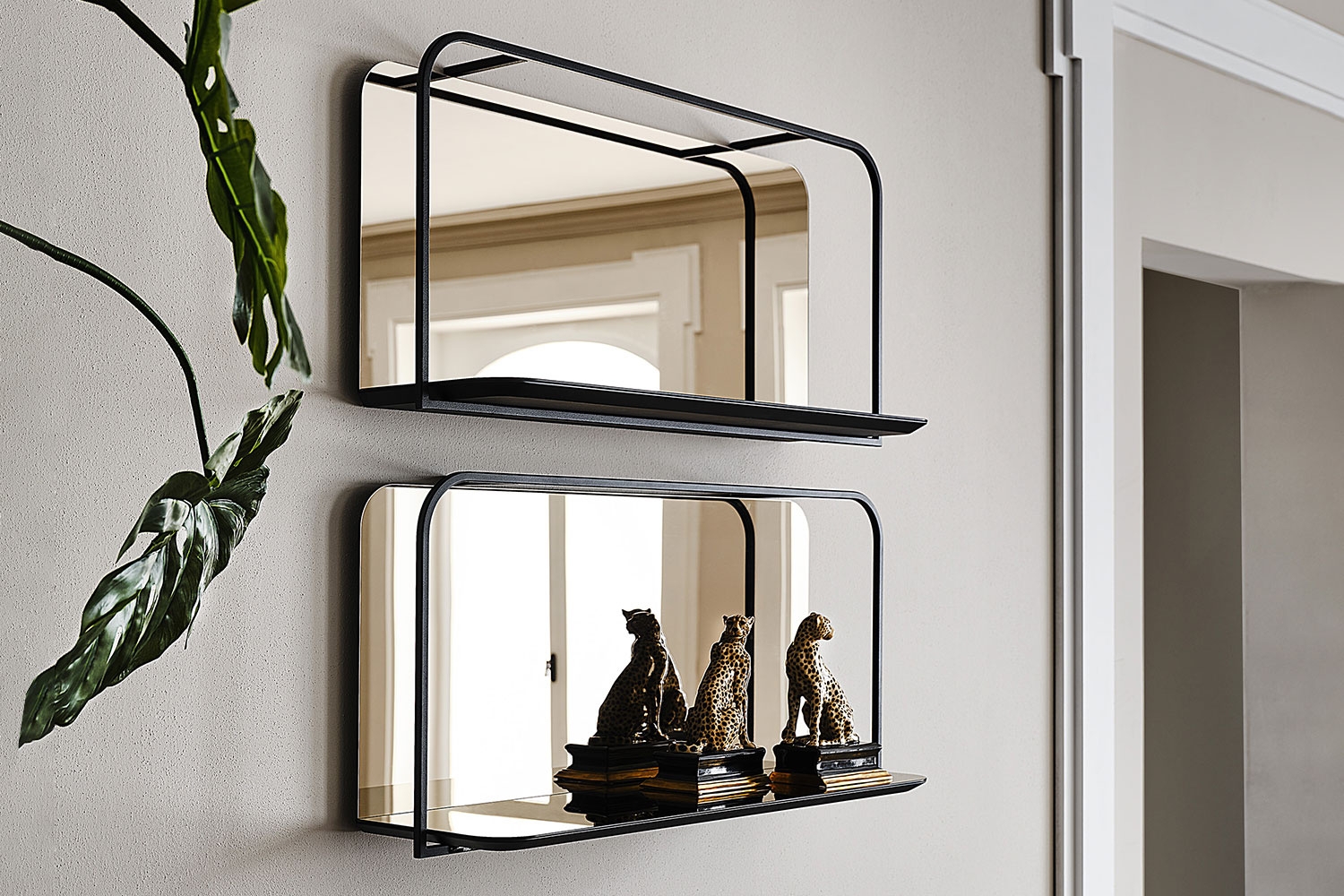 Wall Shelf Matte Black Metal Architectural Mirror Set
