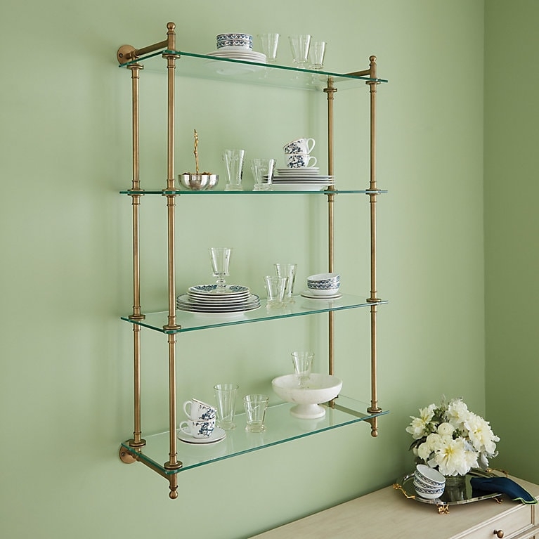 Wall Shelf with Decorative Ball Finials and Antique Brass Glass Shelf