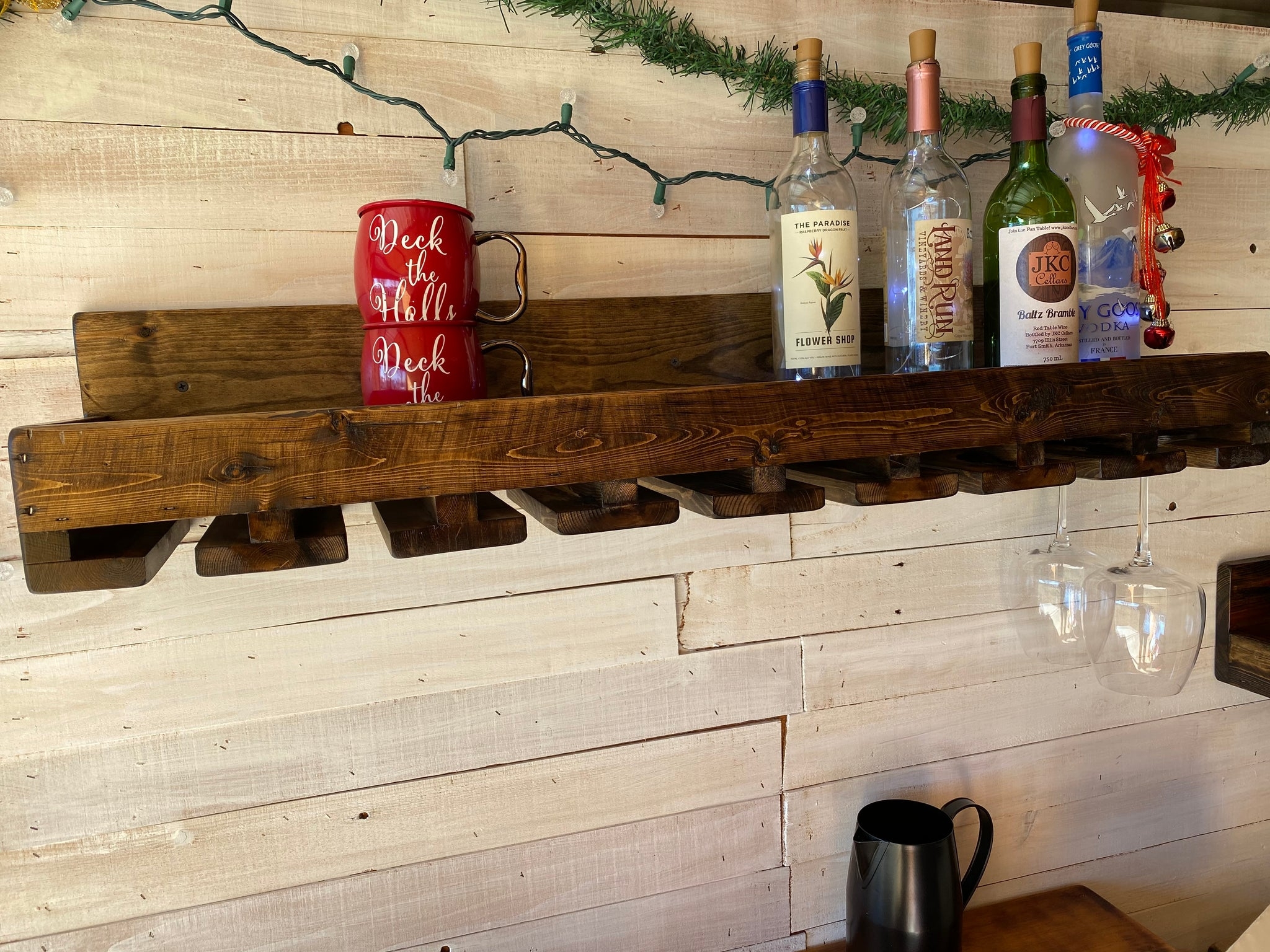 Wall Shelf with Edged Ledge and Dark Wood Stemware Holder Rack