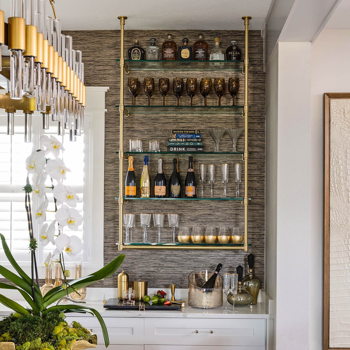 Wall Shelving Unit with Ceiling Mounted Frame and Luxury Bar Rack