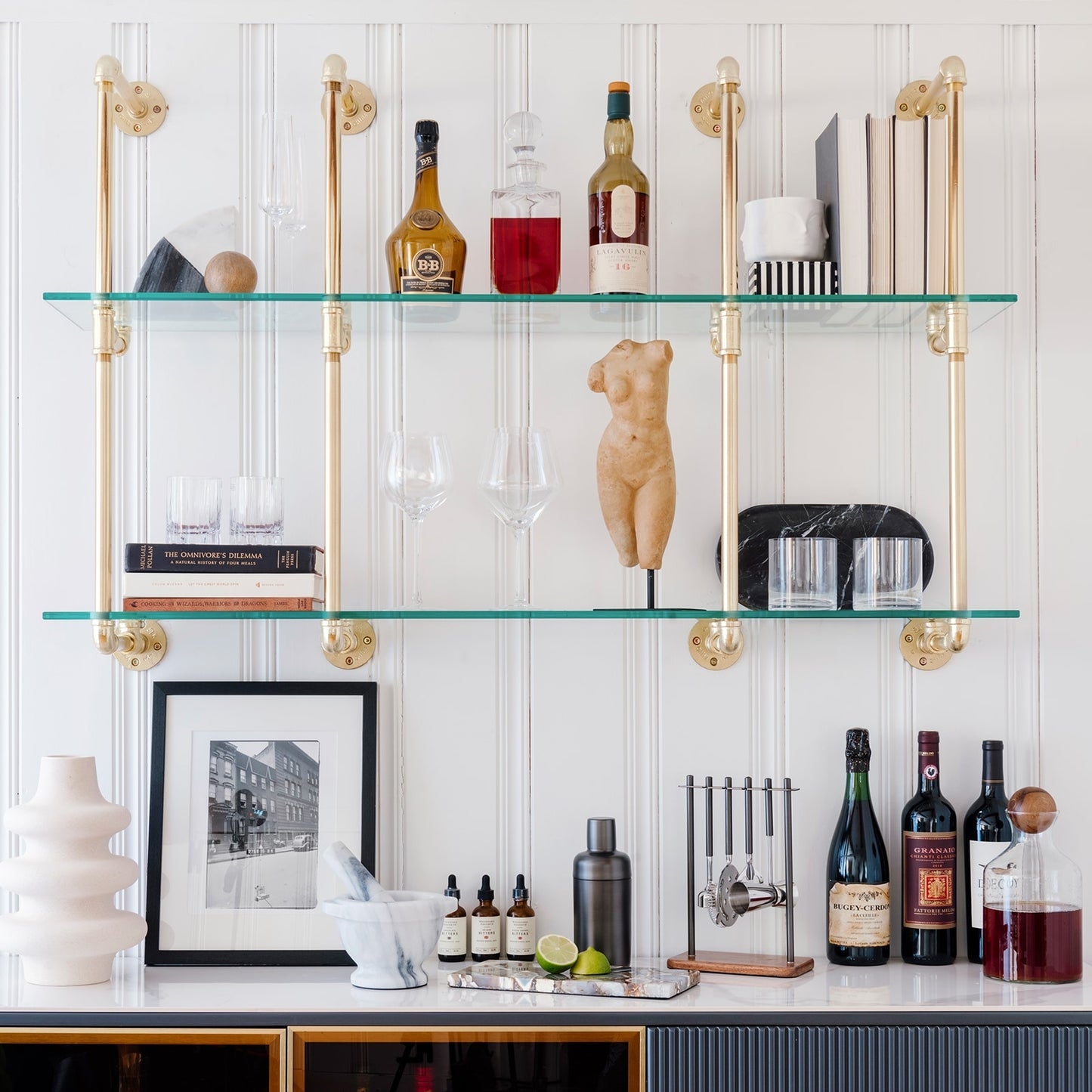 Wall Shelving with Brass Industrial Pipes and Beadboard Wall Ideas