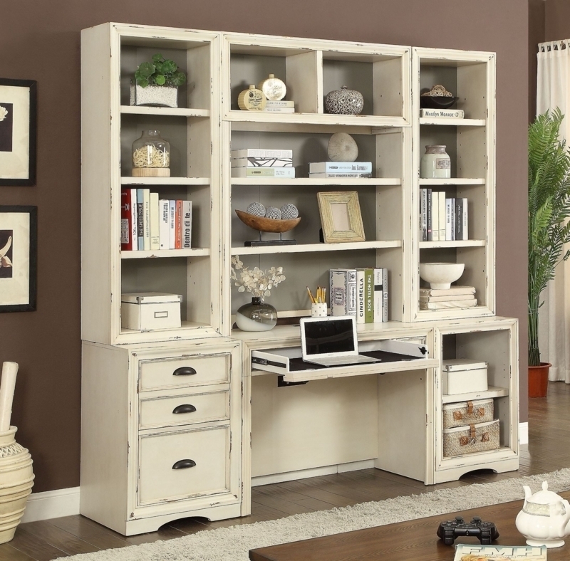 Wall Unit Desk in Distressed Whitewash with Pull Out Tray