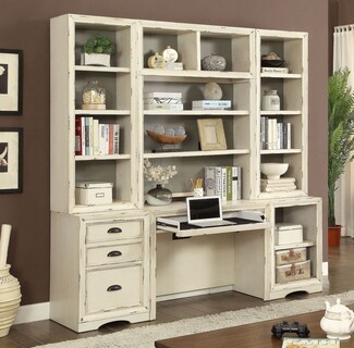 Wall Unit Desk in Distressed Whitewash with Pull Out Tray