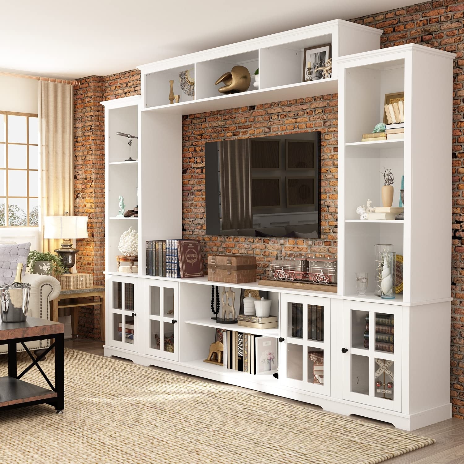 Wall Unit TV Stand Mullion Doors White 4 Piece set