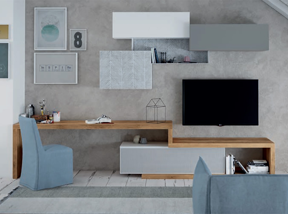 Wall Unit with Chevron Pattern Cabinetry and Integrated Desk