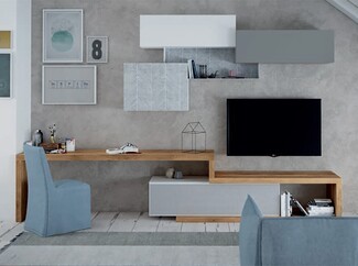 Wall Unit with Chevron Pattern Cabinetry and Integrated Desk