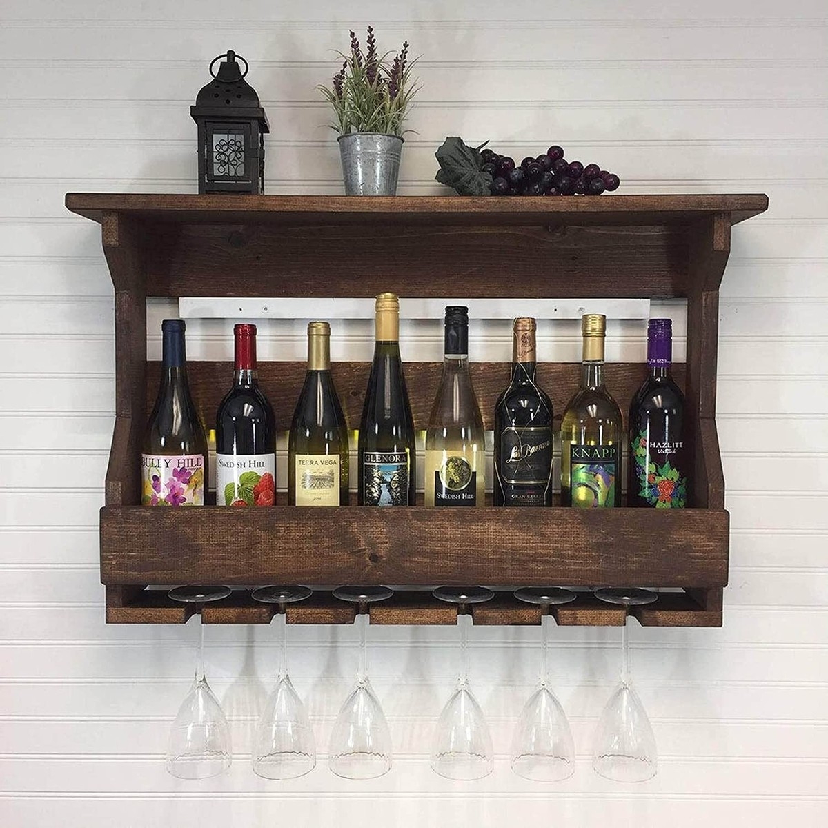 Wall Wine Rack with Hanging Glass Storage and Wall Mounted Wine Bar