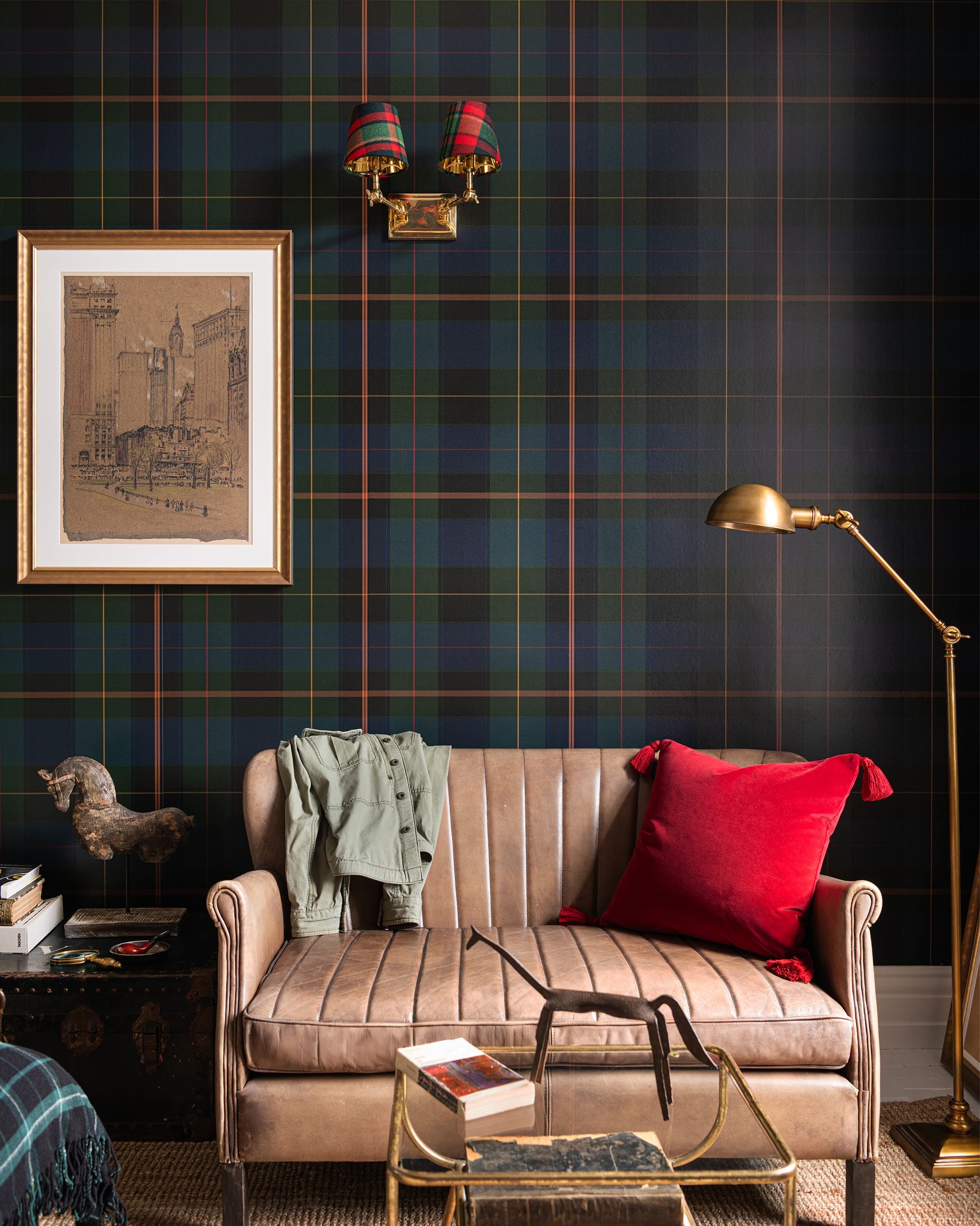 Wallpaper Channel Tufted Sofa Equestrian Plaid Style