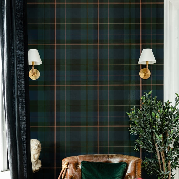 Wallpaper Dark Equestrian Plaid Gold Sconce Accents