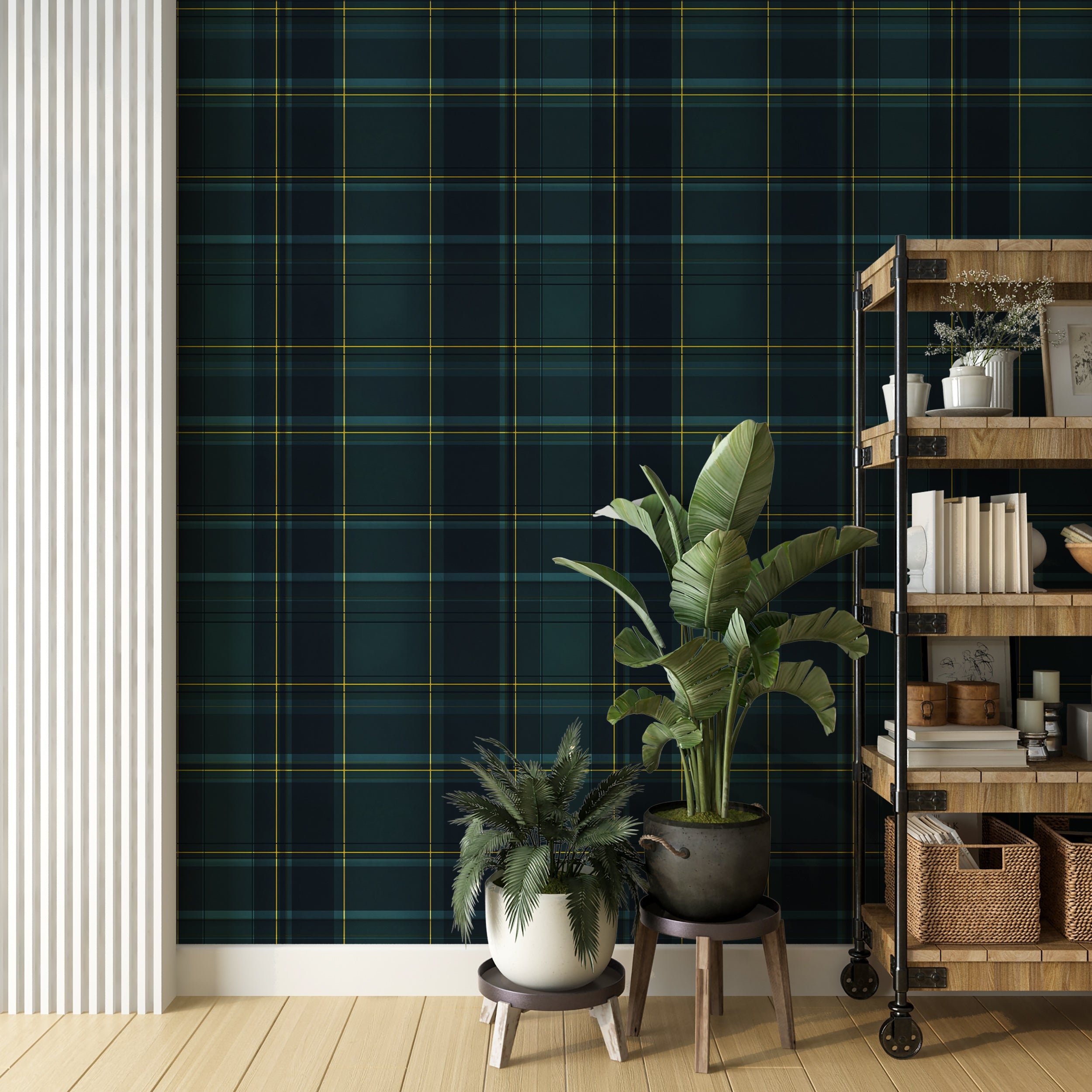 Wallpaper Dark Green Base Yellow Accents Tartan Wall