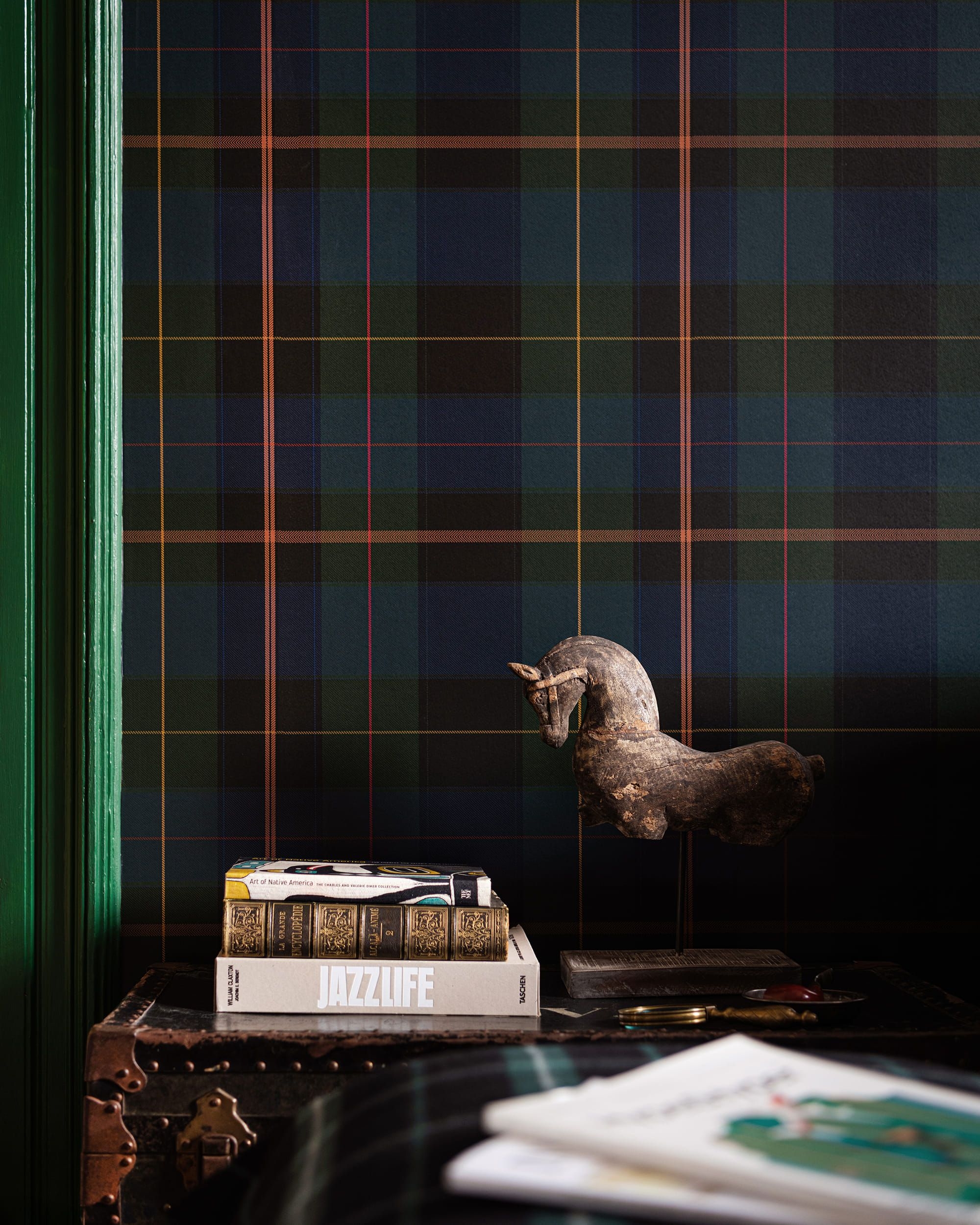 Wallpaper Equestrian Plaid Moody Green Molding Study