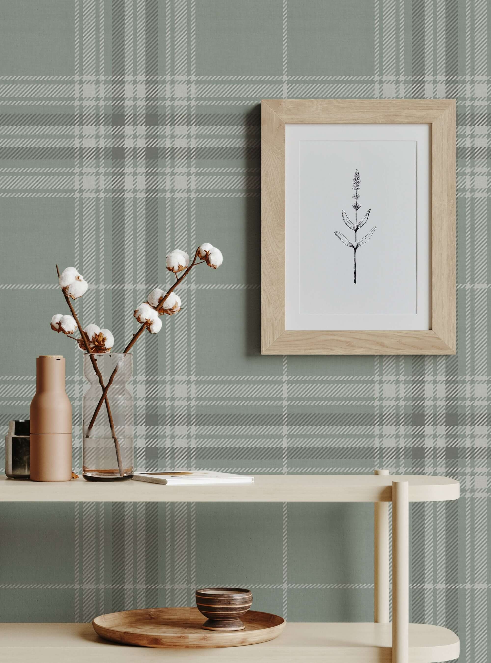 Wallpaper Fabric Peel and Stick Sage Plaid Muted