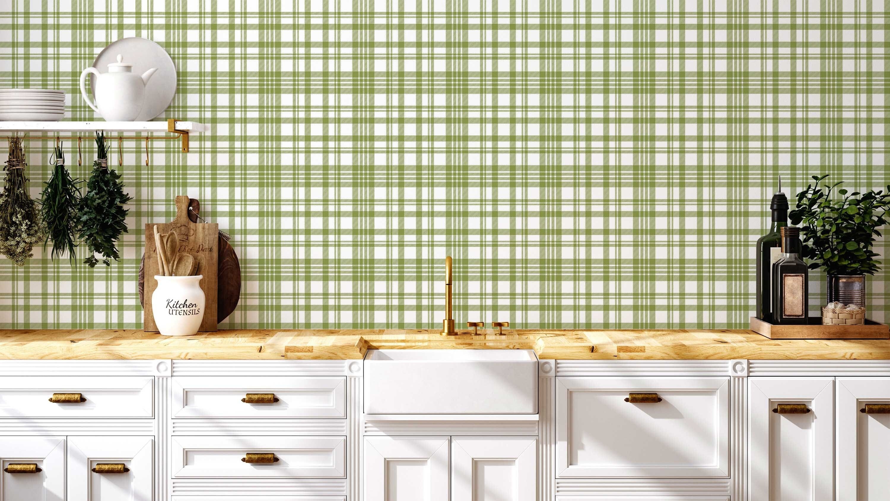 Wallpaper Green Plaid Pattern Farmhouse Apron Sink