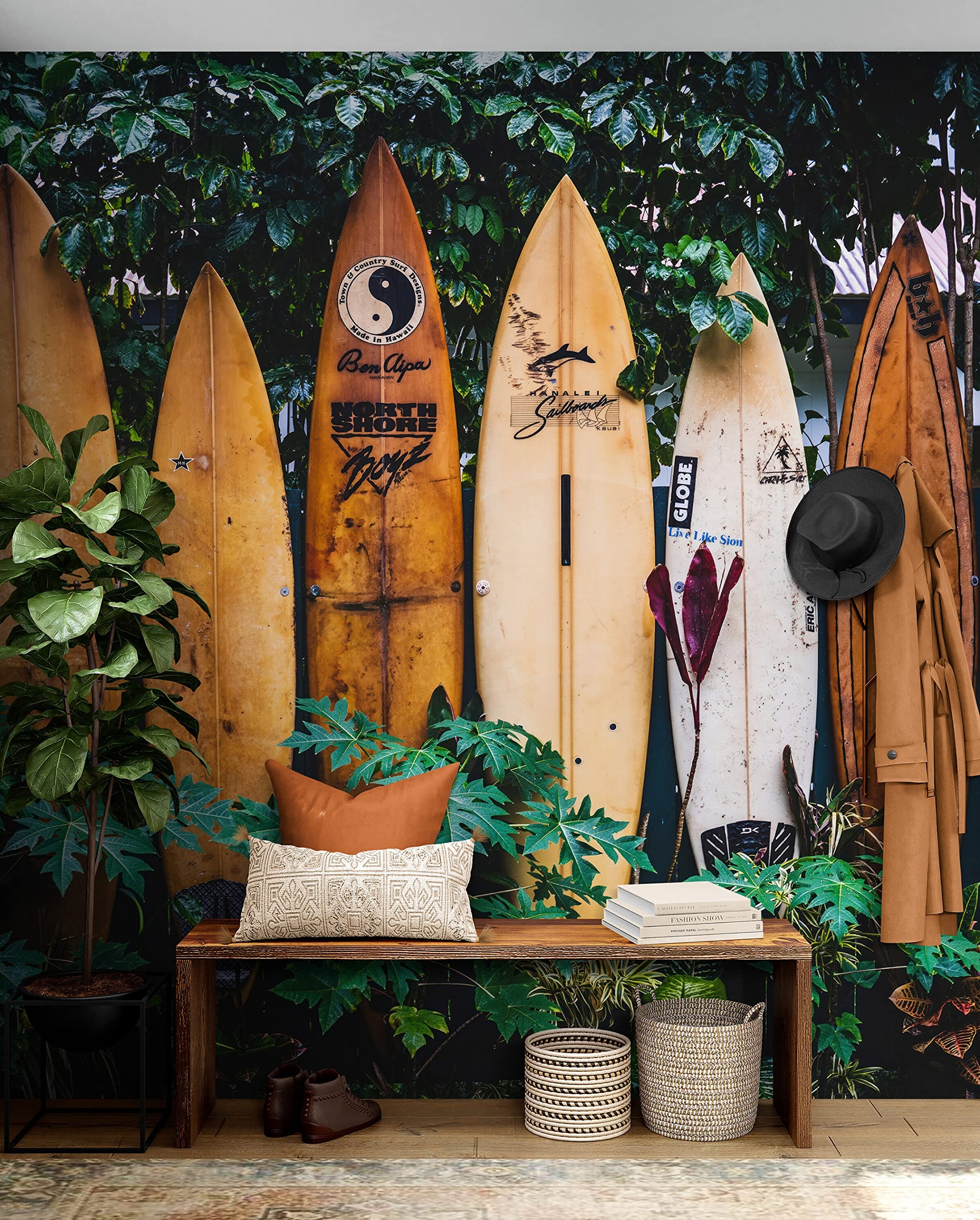 Wallpaper Mural Surfboard Collage Tropical Foliage Backdrop
