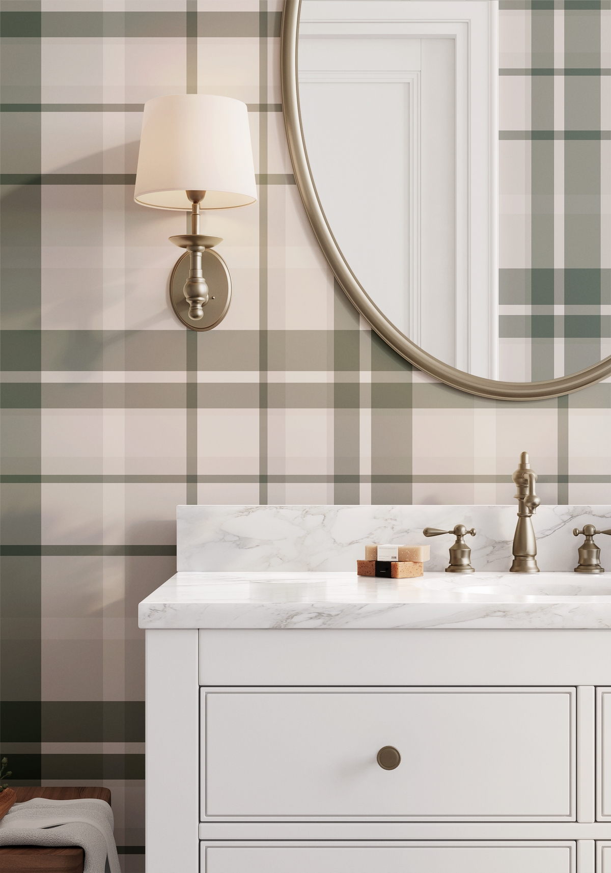 Wallpaper Oversized Plaid Antique Brass Hardware Decor