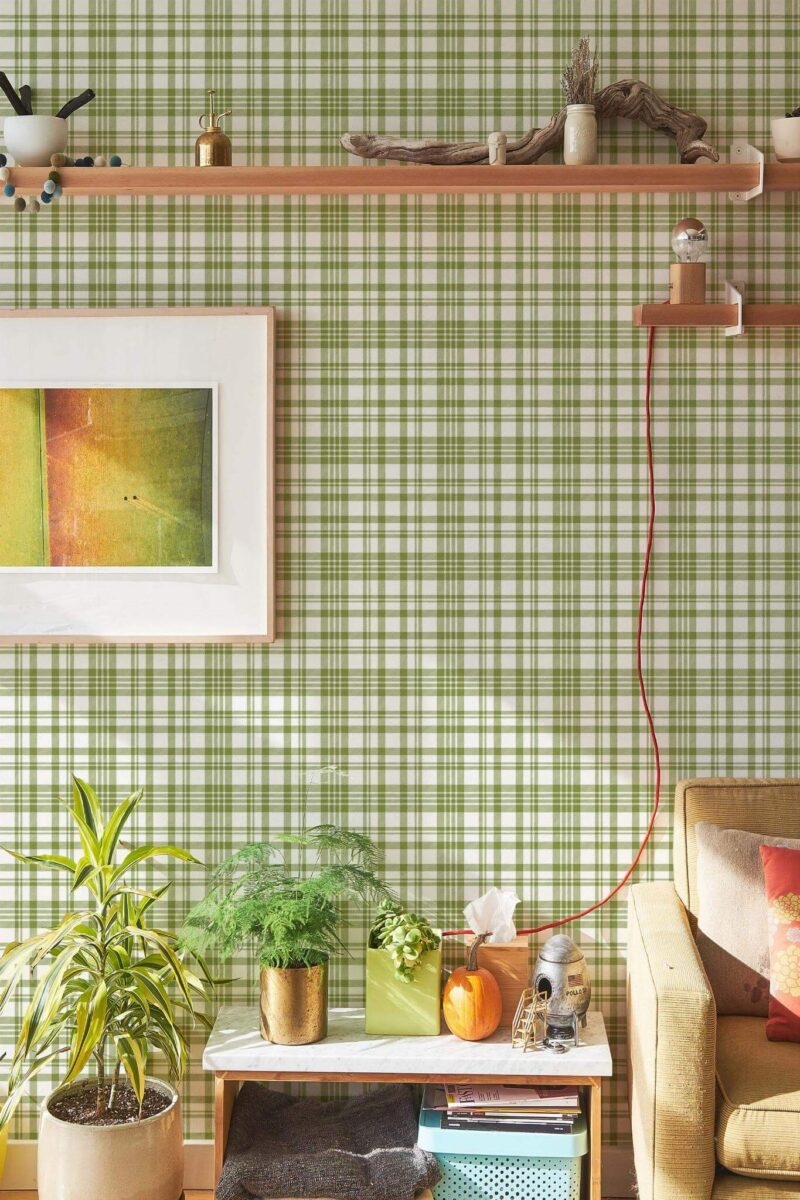 Wallpaper Red Cord Accent Sage Plaid Aesthetic Room