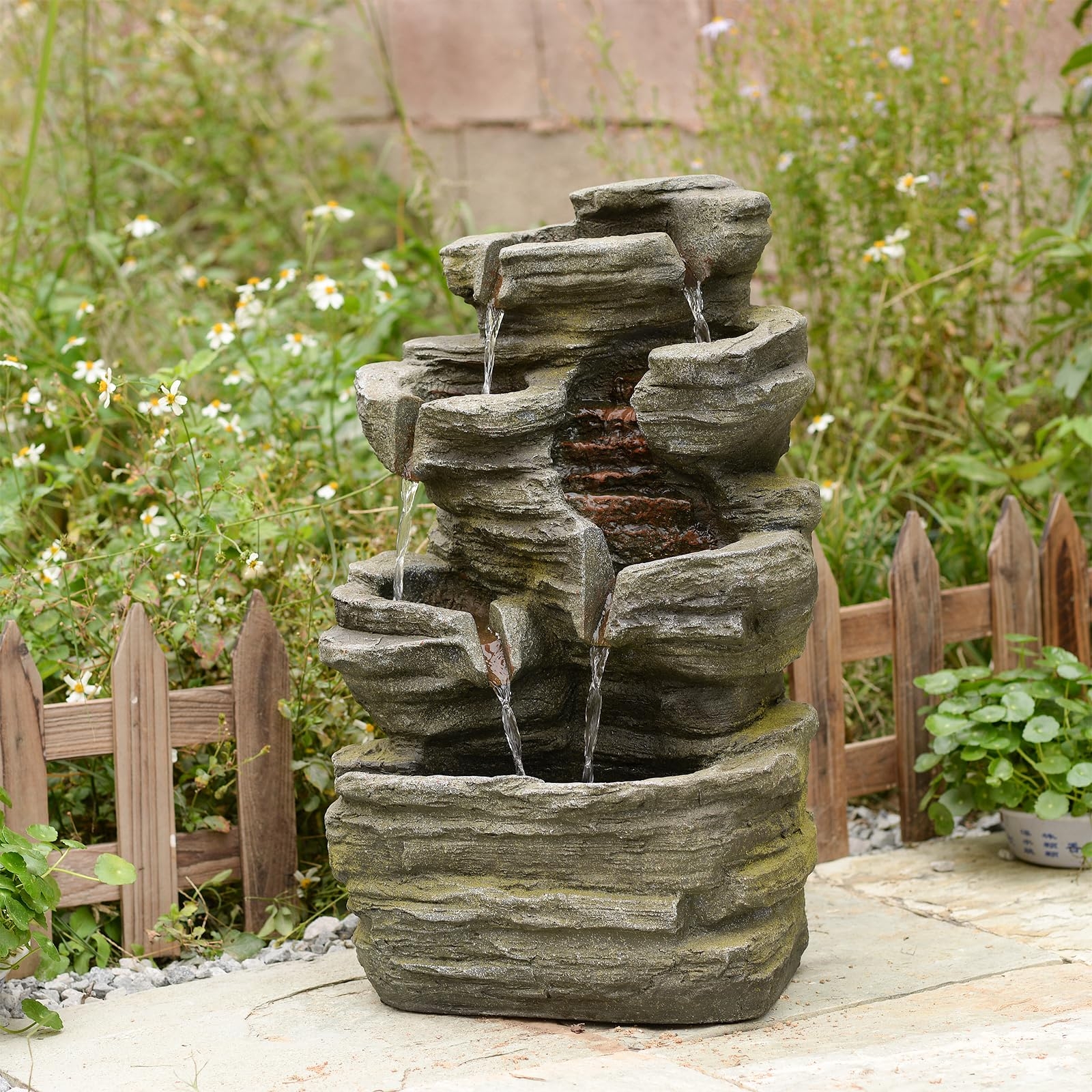 Water Fountain: Horizontal Strata Weathered Grey Stone