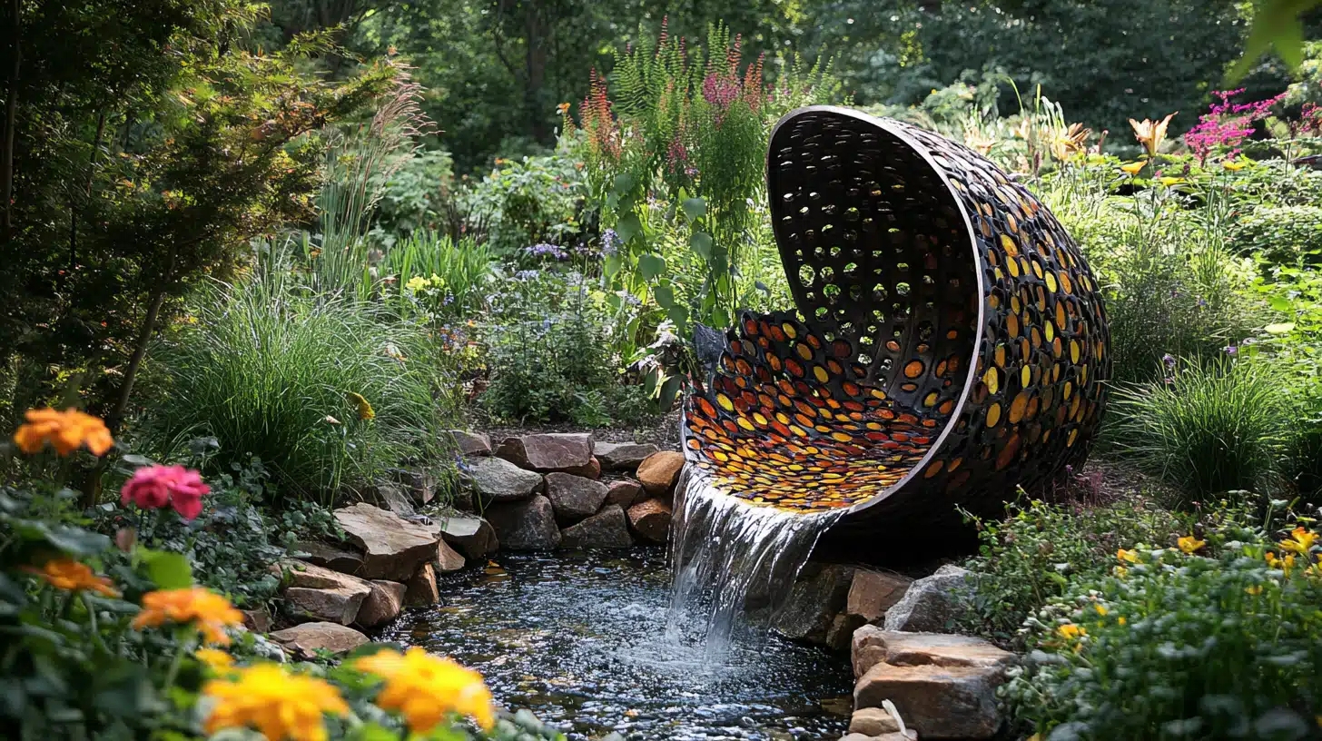 Water Fountain with Amber Glass Inserts Modern Waterfall Art