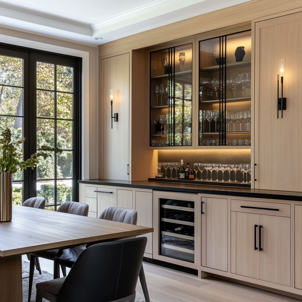 Wet Bar Cabinetry with Light Wood Finish and Wine Fridge