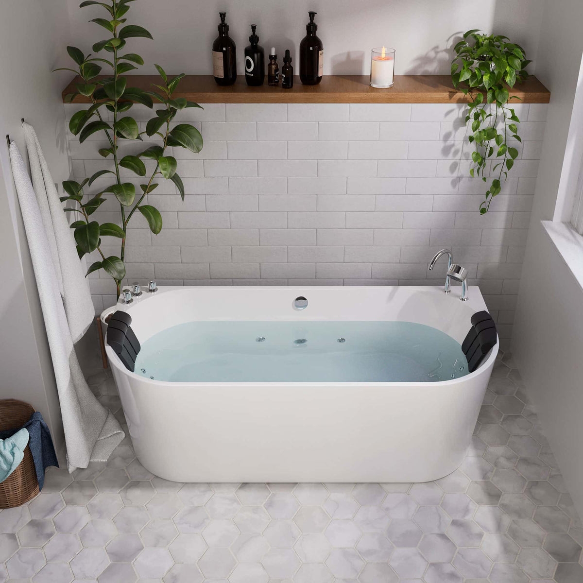 Whirlpool Bathtub with Dual Black Headrests for Spa Decor