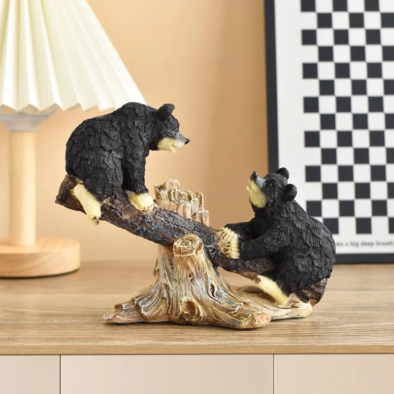 Wildlife Sculpture Dual Bears and Carved Fur Cabin Lodge Accent Piece
