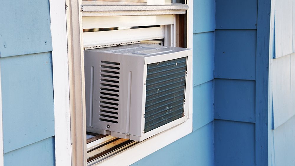 Window Air Conditioner: Dusty Blue Siding Workshop Cooling