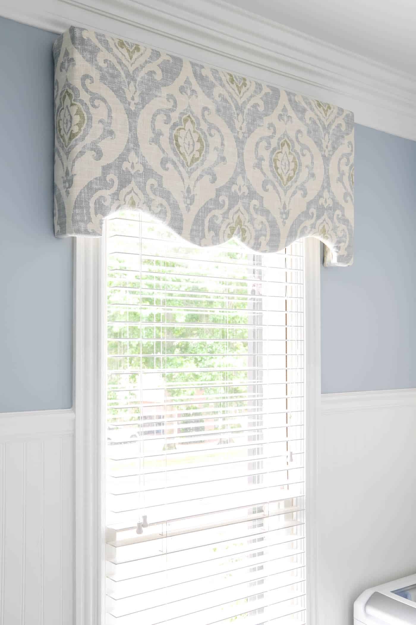 Window Cornice: Blue Damask Fabric Scalloped Pelmet DIY Upholstered