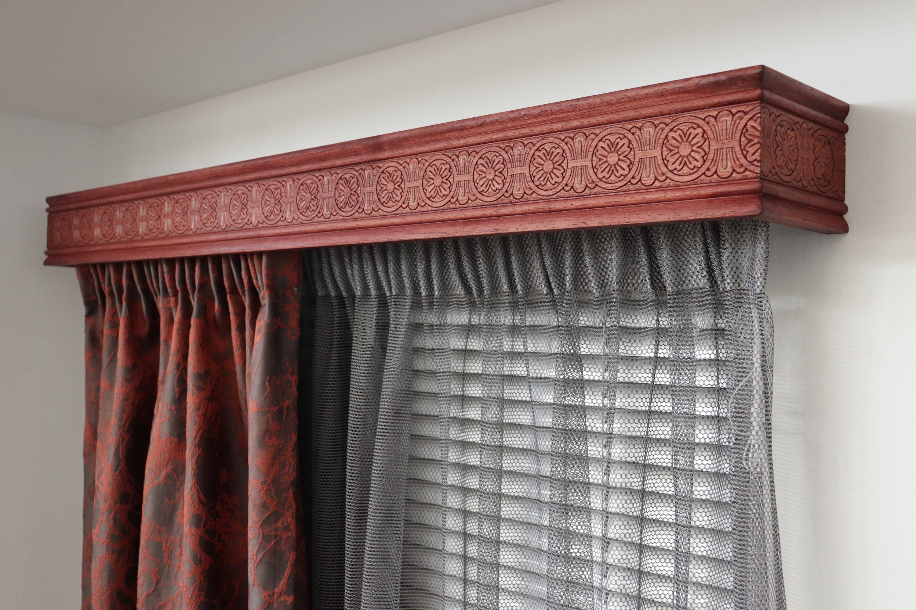 Window Cornice: Reddish Brown Carved Floral Double Rail System