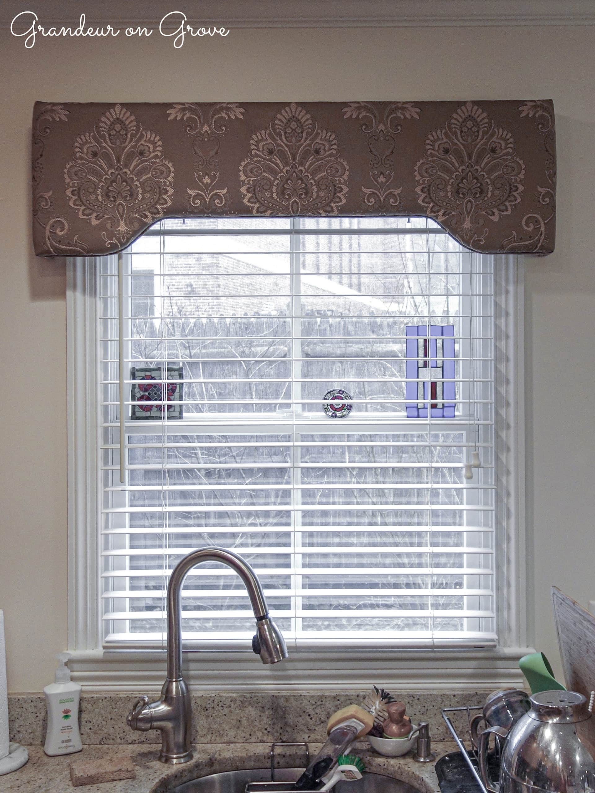 Window Cornice: Taupe Damask Pattern Shaped Kitchen Valance
