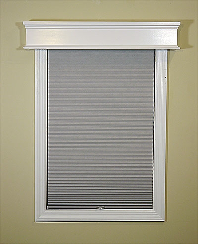 Window Cornice: White Box Valance with Grey Cellular Shade Pairing