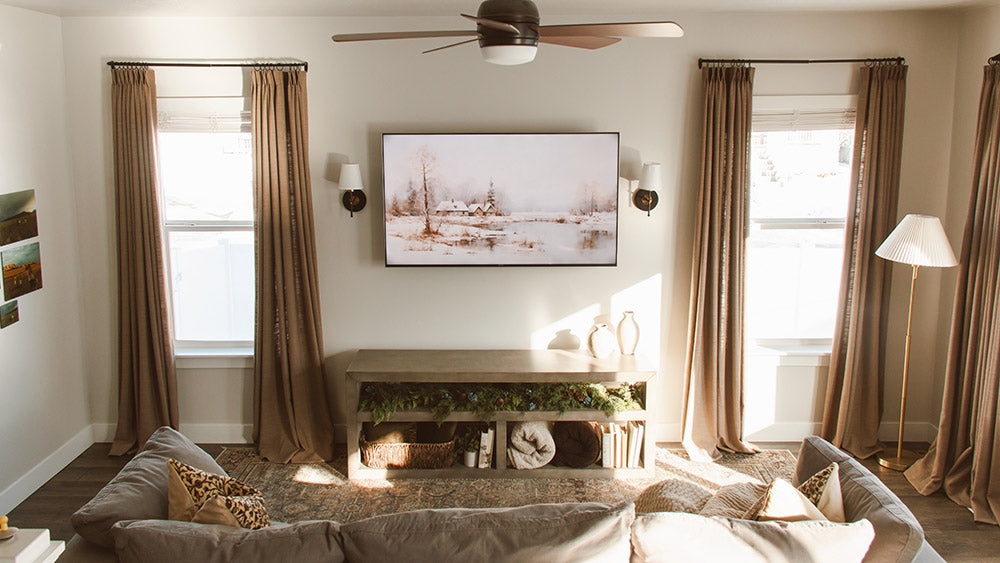 Window Curtains: Pinch Pleat Header Warm Tan Symmetrical