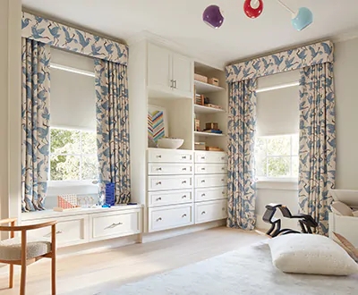 Window Treatment: Blue Crane Print Patterned Cornice and Built-ins