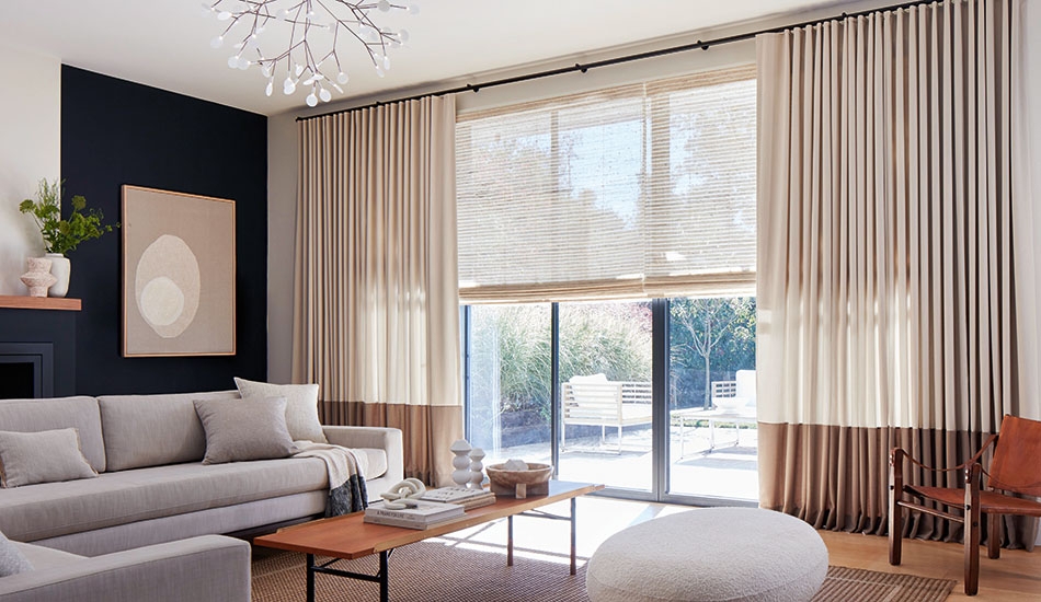Window Treatment: Color Block Drapery Woven Roman Shades