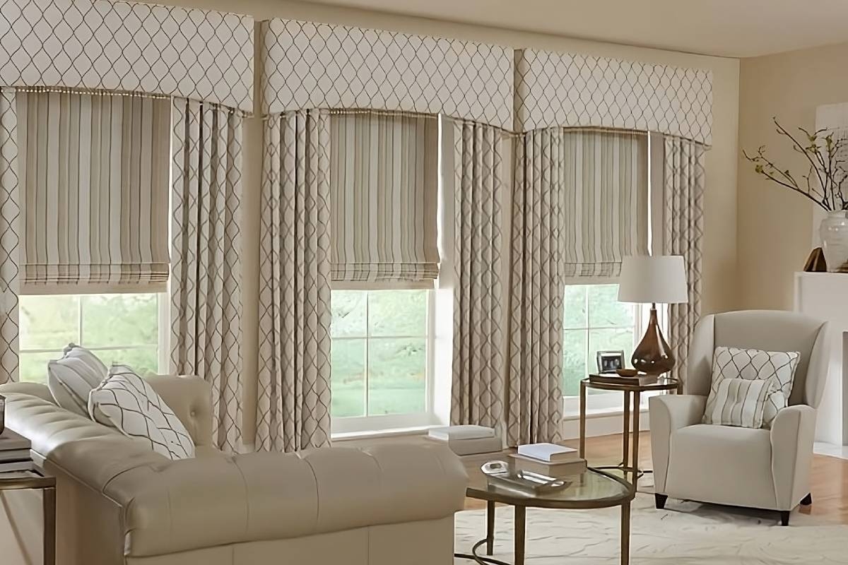 Window Treatments: Structured Cornice and Neutral Striped Roman Shade