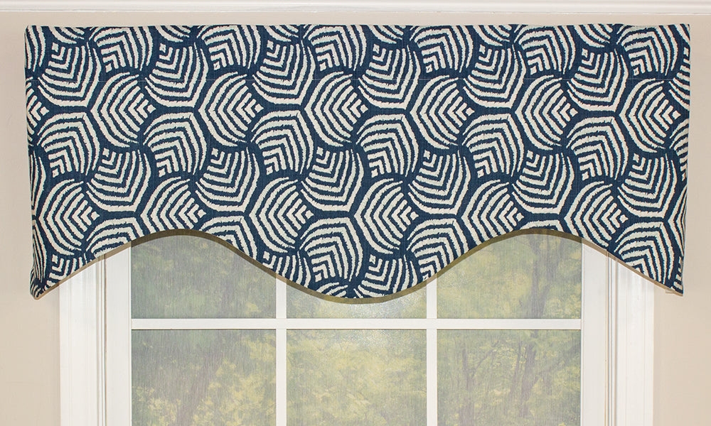 Window Valance: Navy Denim Geometric Jewel Pattern Scalloped Edge