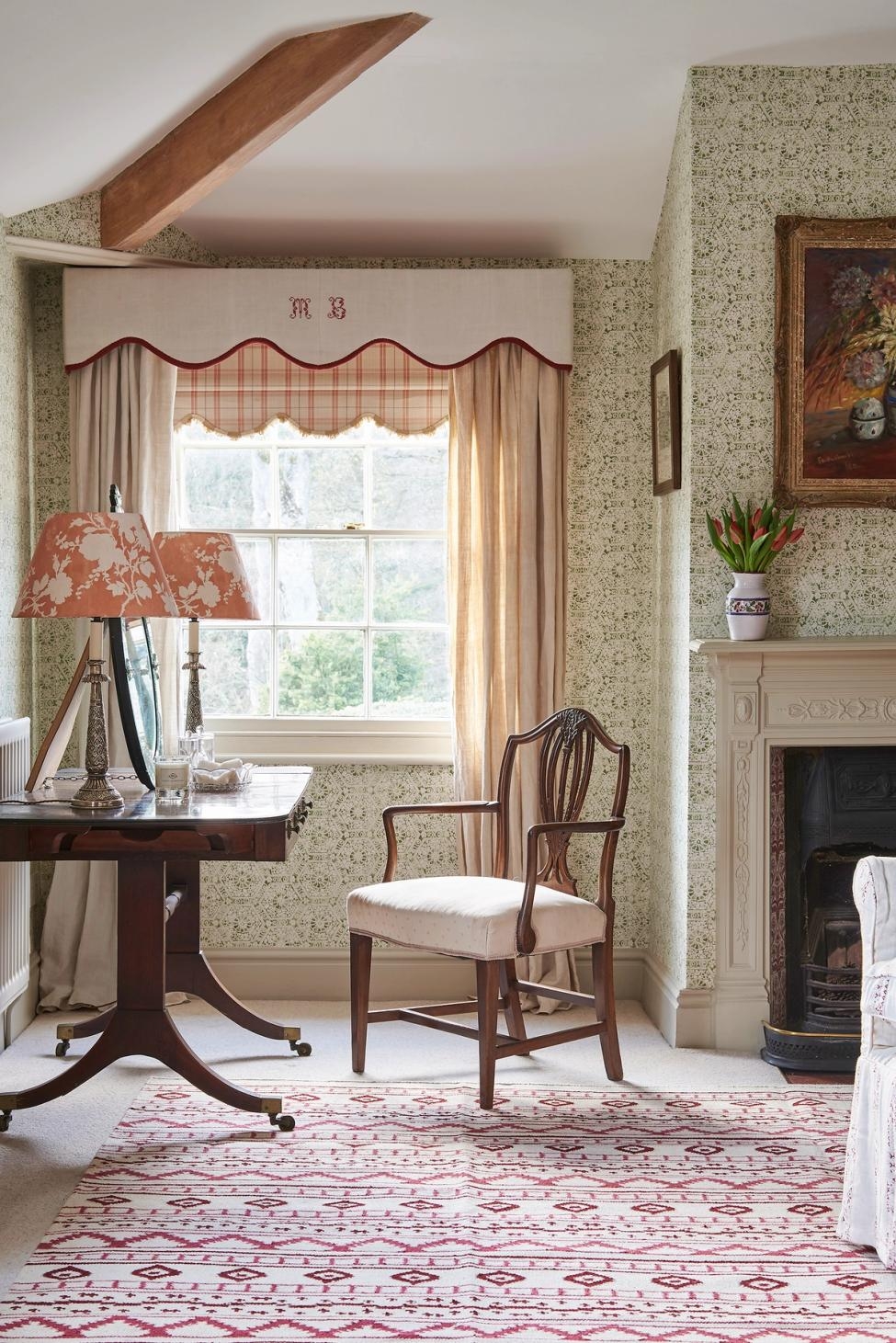 Window Valance: Scalloped Red Trim Monogrammed English Country Decor