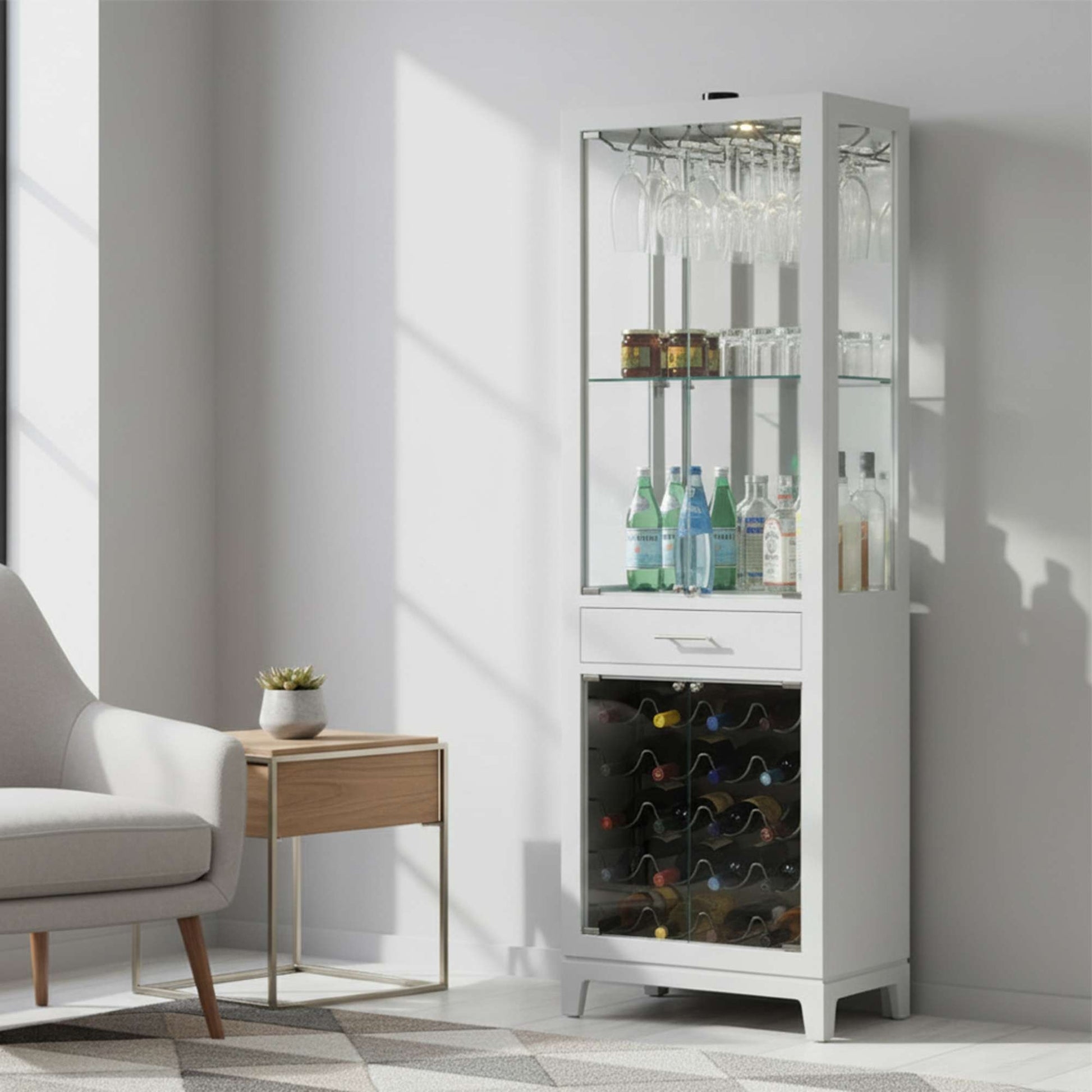 Wine Bar Cabinet White with Mirrored Interior Case