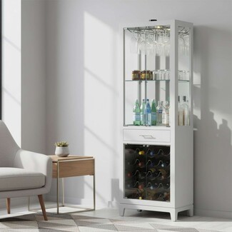Wine Bar Cabinet White with Mirrored Interior Case