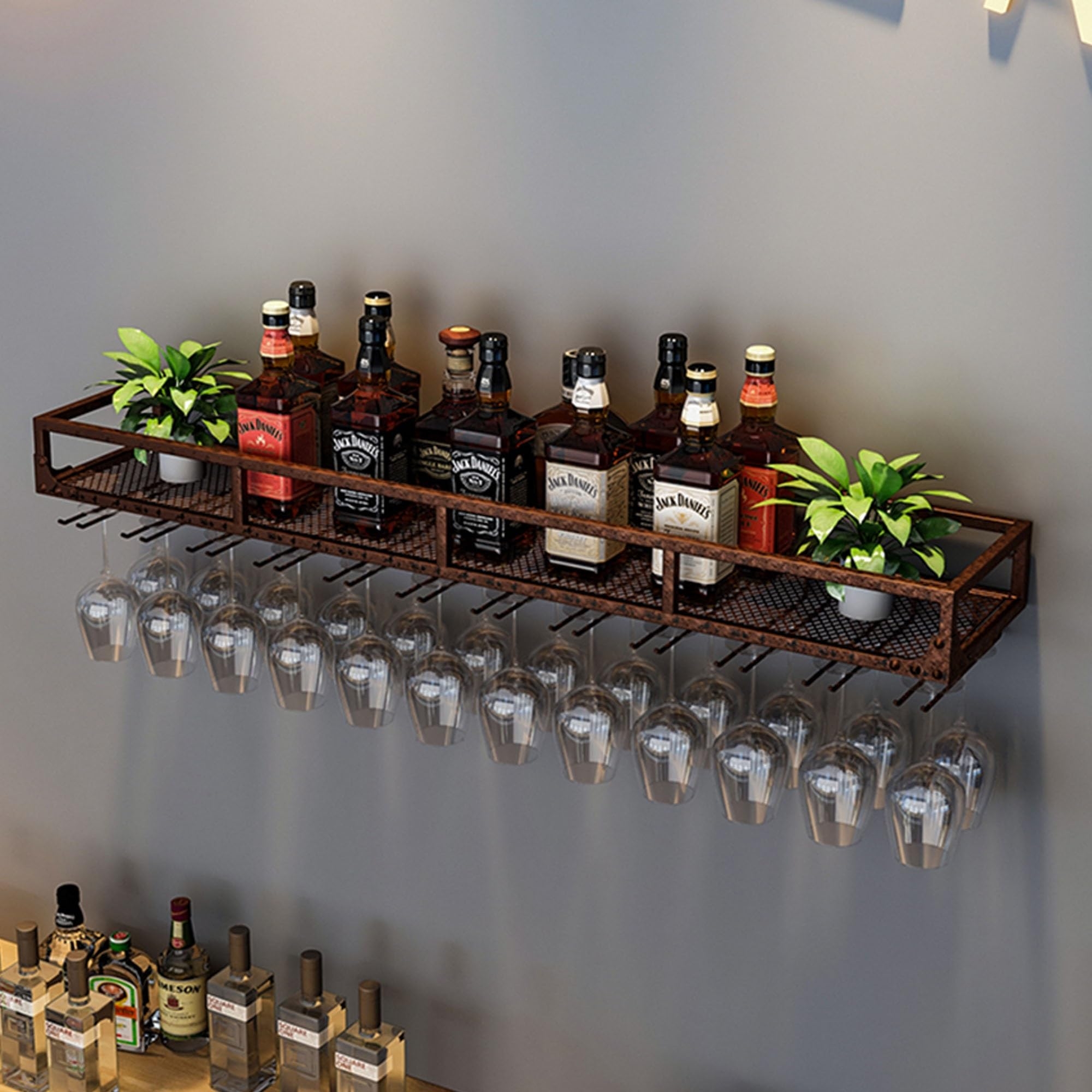 Wine Rack with Antique Bronze Finish and Metal Mesh Liquor Shelf