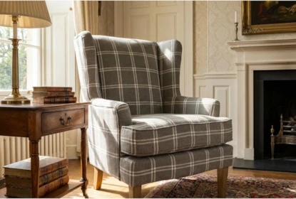 Wingback Chair in Grey Windowpane and Tapered Legs