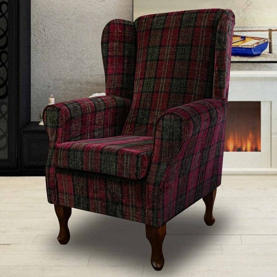 Wingback Chair in Red Tartan Fabric with Cabriole Legs